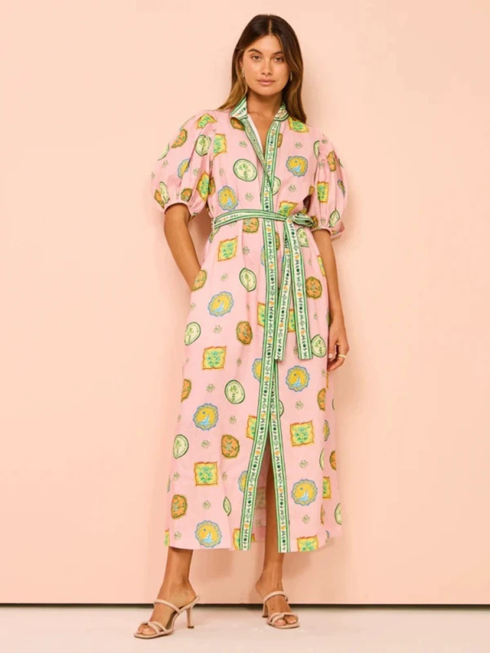 ZARA Casual Linen Cardigan Dress with Puff Sleeves and Graffiti Print